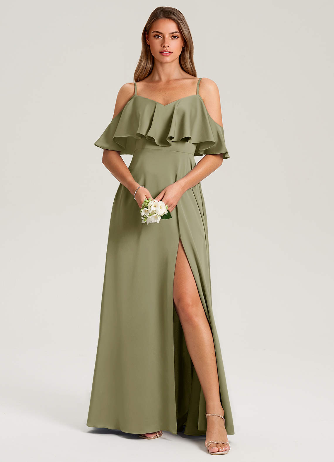 Azazie Jean Brautjungfernkleider A-Linie Schulterfrei Stretch-Satin Kleid Pistazie image1