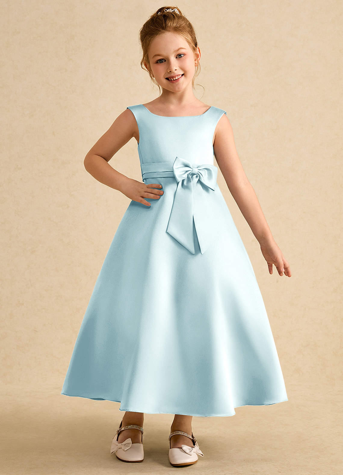 Azazie Eve Flower Girl Dresses Sea Glass A-Line Pleated Matte Satin Dress image1