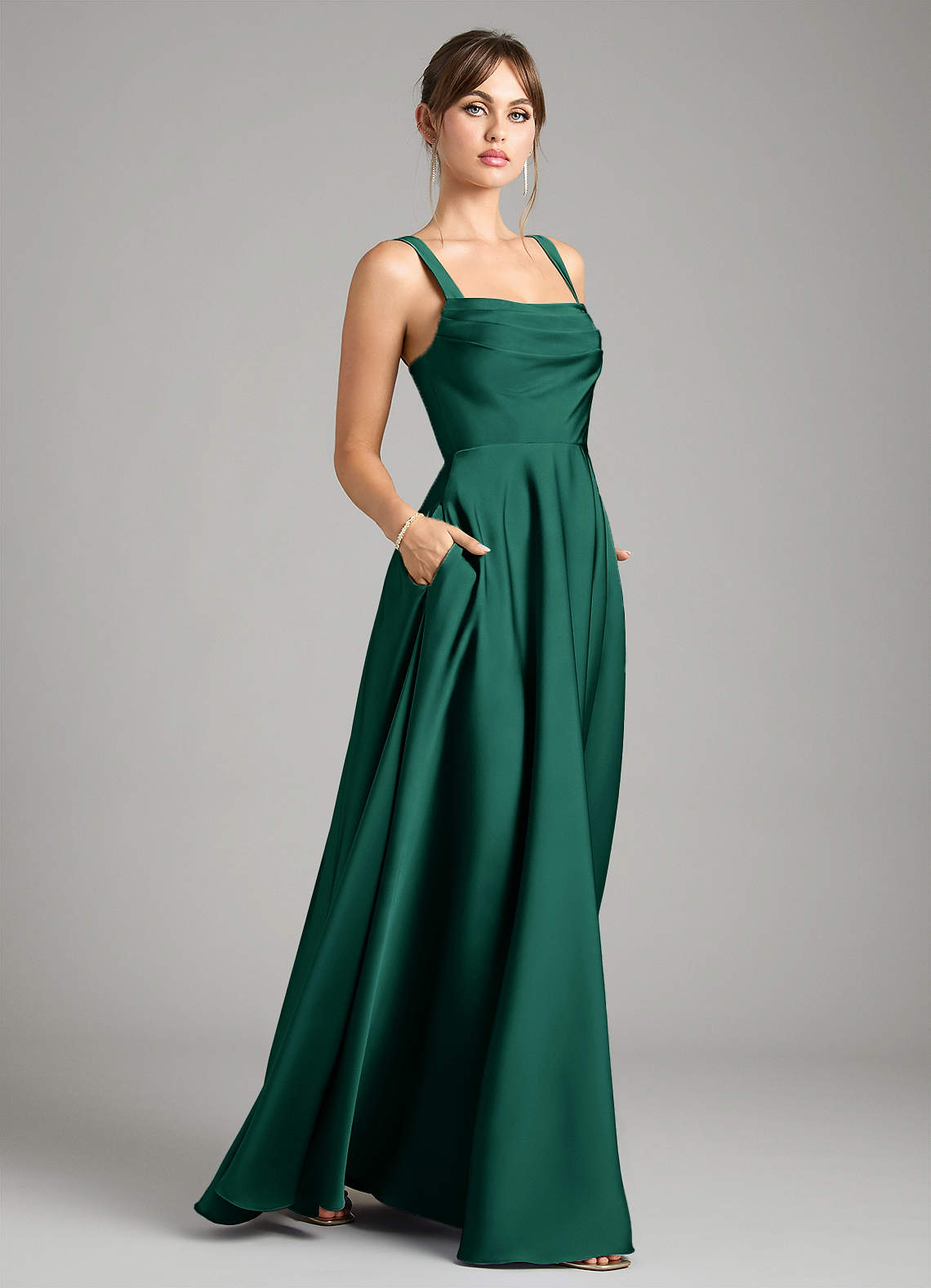 Azazie Shaude Bridesmaid Dresses Emerald A-Line Pleated Stretch Satin Dress image5