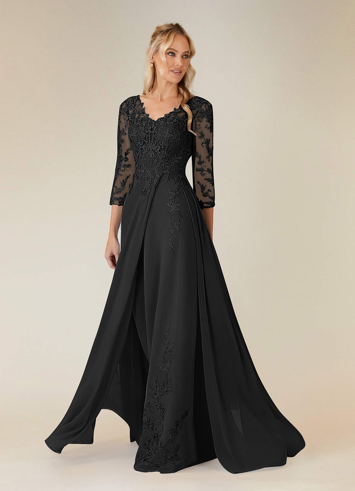 Azazie Noella Black A-Line V-Neck Lace Chiffon Dress | Azazie