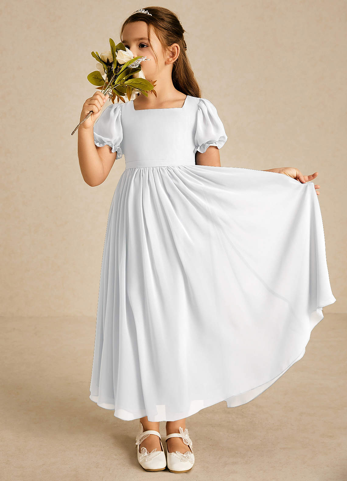 Azazie Joss Flower Girl Dresses White A-Line with Sleeves Chiffon Dress image1