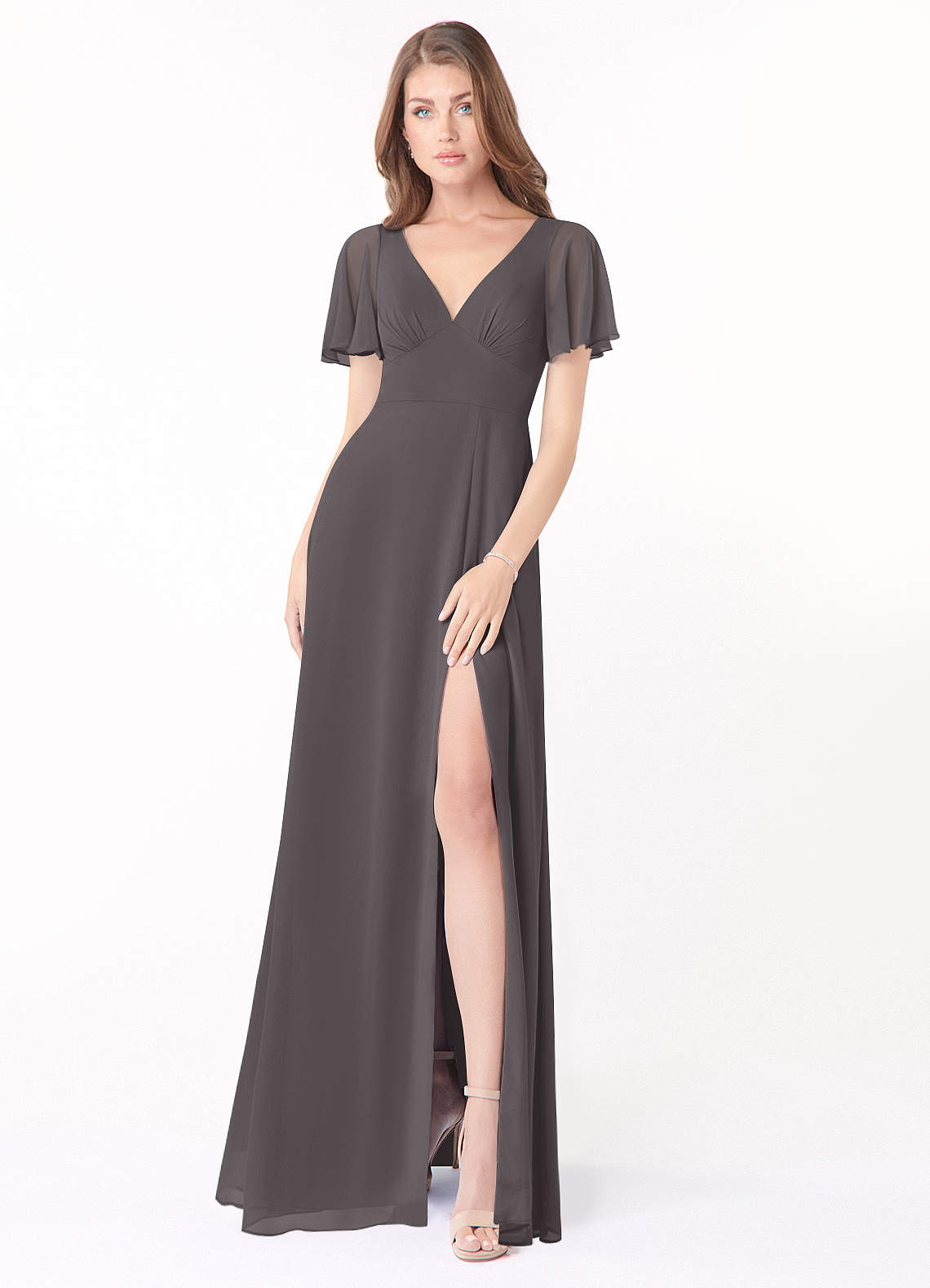 Azazie Kimber Bridesmaid Dresses Steel Grey A-Line Flounce Sleeve Chiffon Dress image1