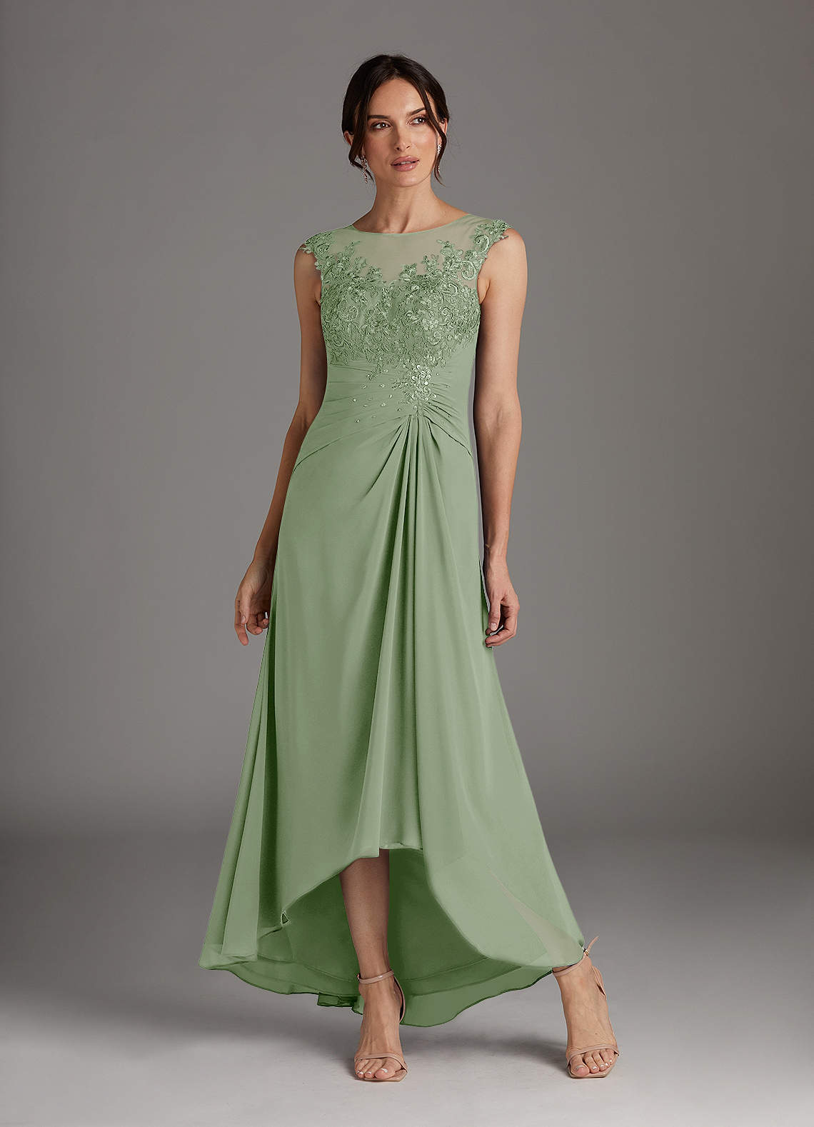 Azazie Endora Mother of the Bride Dresses Dusty Sage A-Line Scoop Lace Chiffon Dress image1