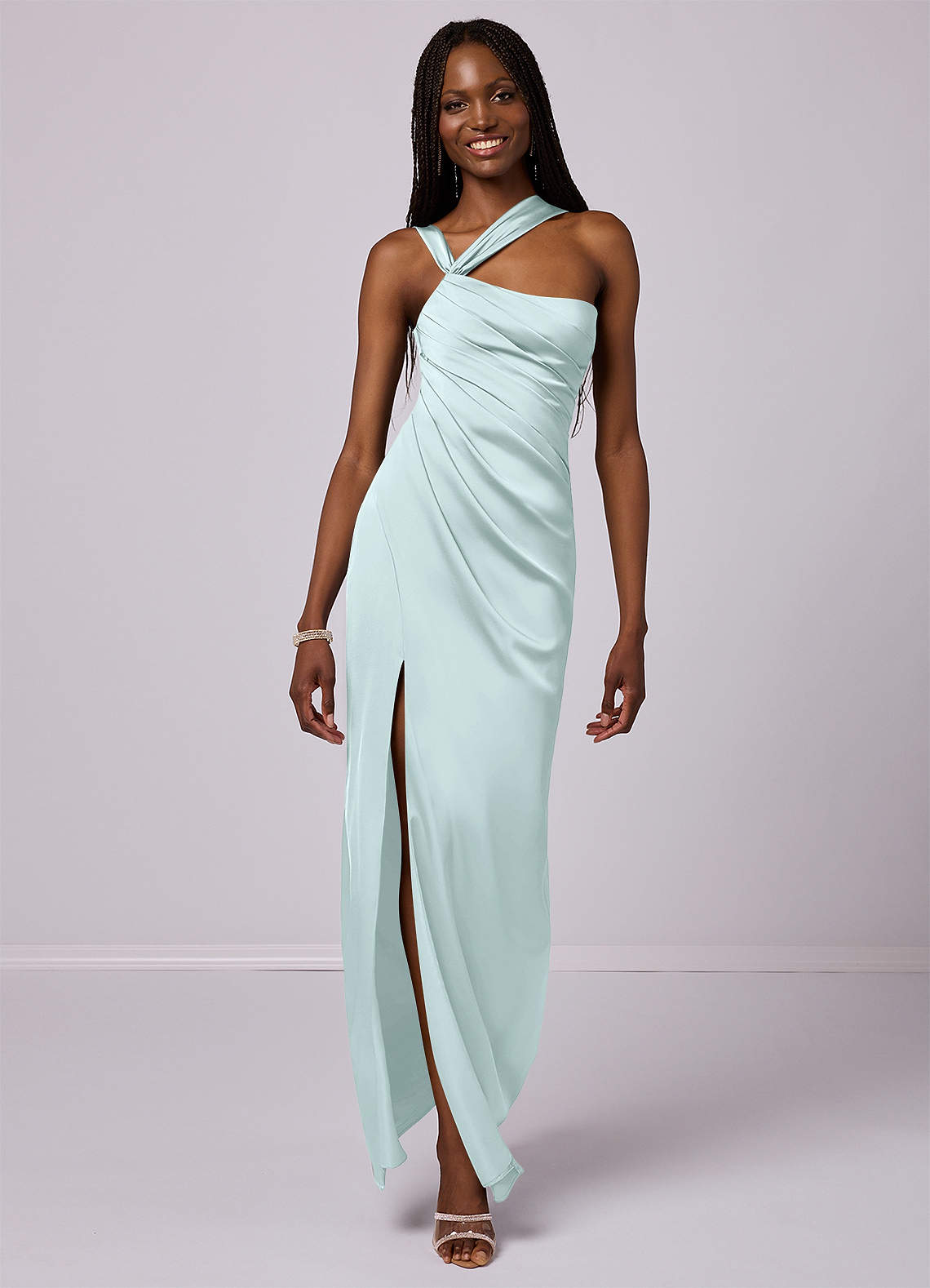 Barbie ♥ Azazie Robes de demoiselle d'honneur Robe Sirène en Satin extensible Ue épaule Verre De Mer image1