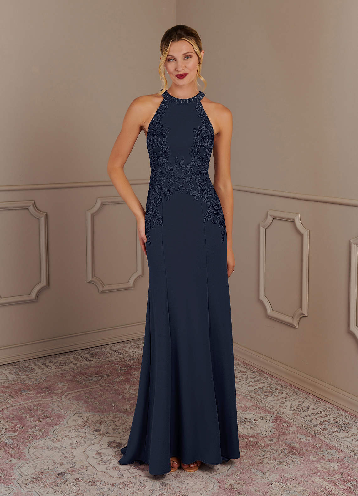 Azazie Tyra Dark Navy Mermaid Halter Lace Stretch Crepe Dress Azazie UK