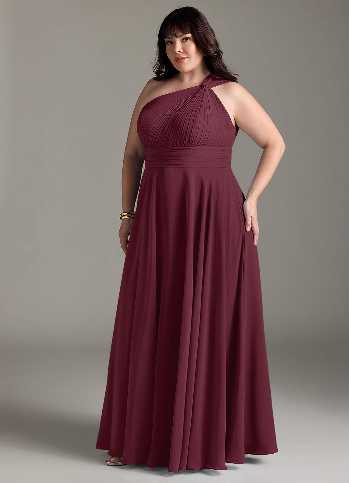 Azazie Charlize Vestidos de damas de honor Vestido de Cabernet de Gasa de Corte en A con Hombro unilateral image10