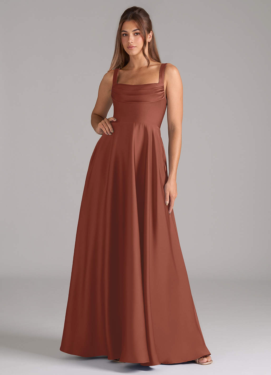 Azazie Shaude Brautjungfernkleider A-Linie Plissee Stretch-Satin Kleid Rotbraun image1