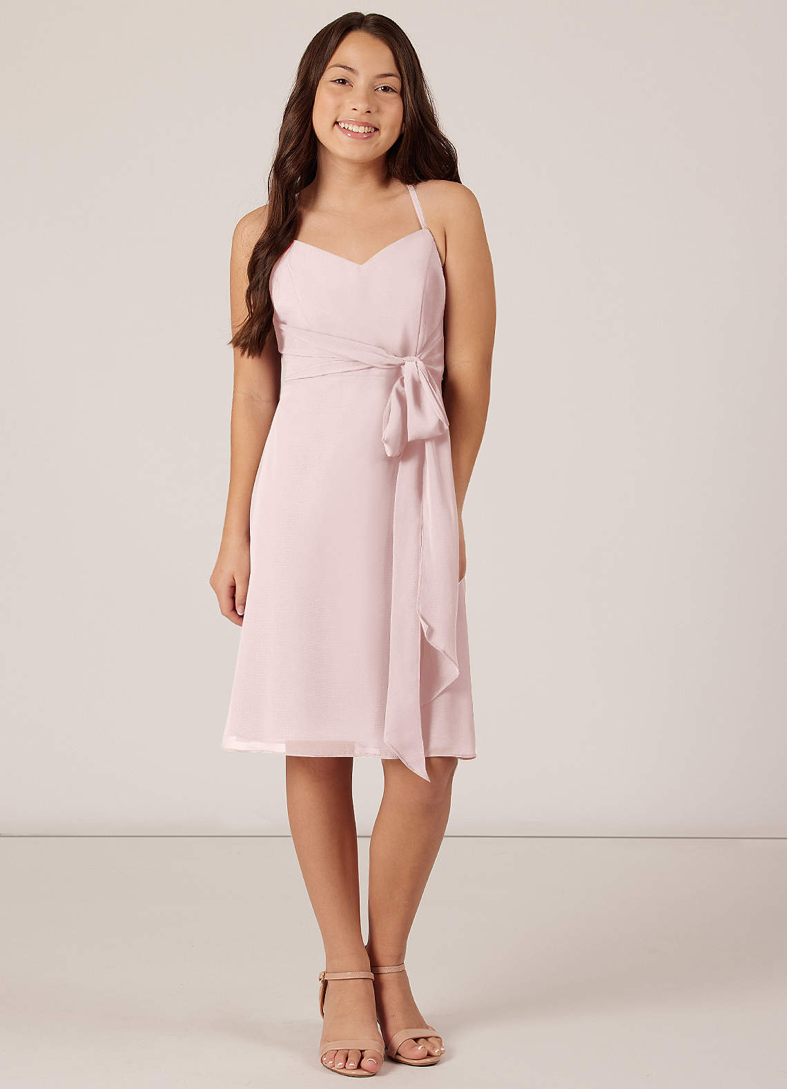Azazie Doll Junior Blushing Pink A-Line Bow Chiffon Dress image1