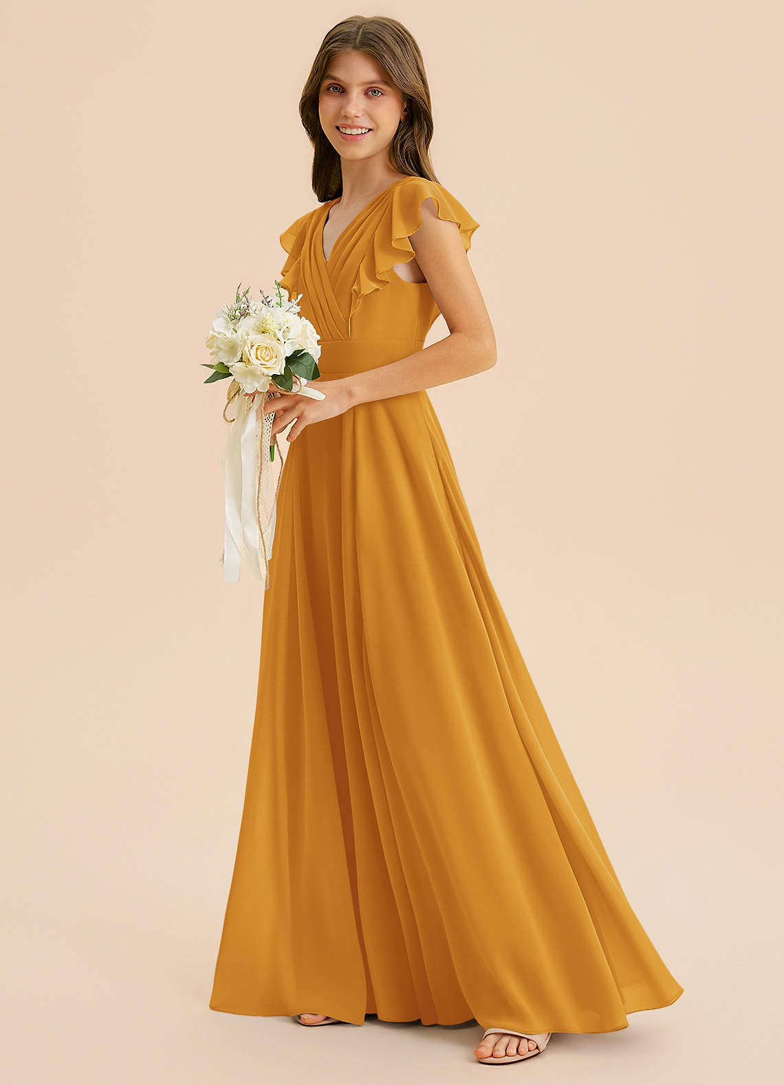 Azazie Anysa Junior Robe Trapèze en Mousseline de soie Rayé Caramel écossais image5