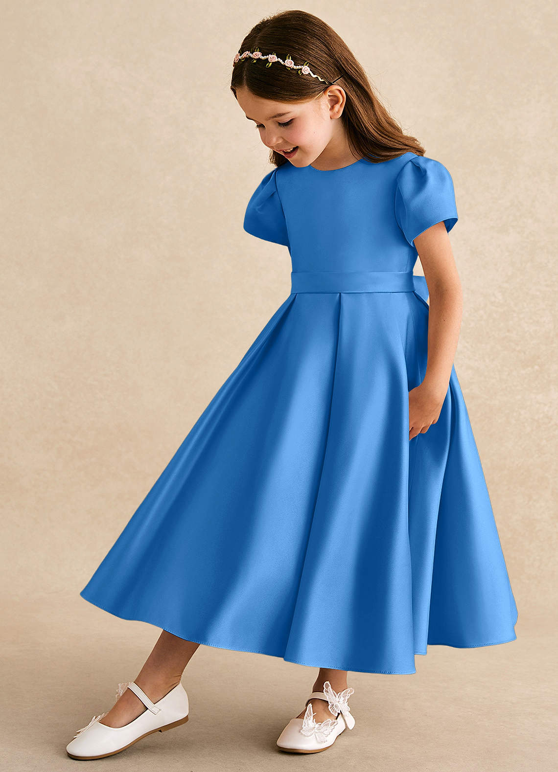Azazie Princess Flower Girl Dresses Blue Jay A-Line Pleated Matte Satin Dress image1