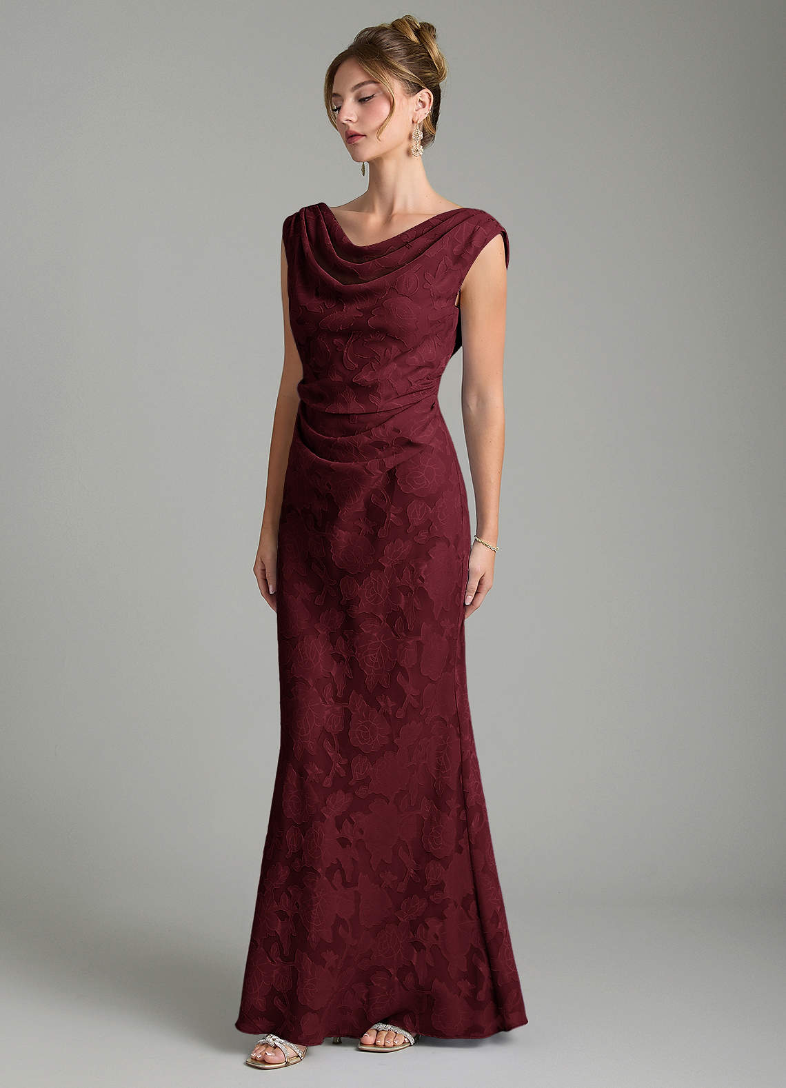 Azazie Kieryn Bridesmaid Dresses Cabernet Mermaid Pleated Floral Burnout Dress image2