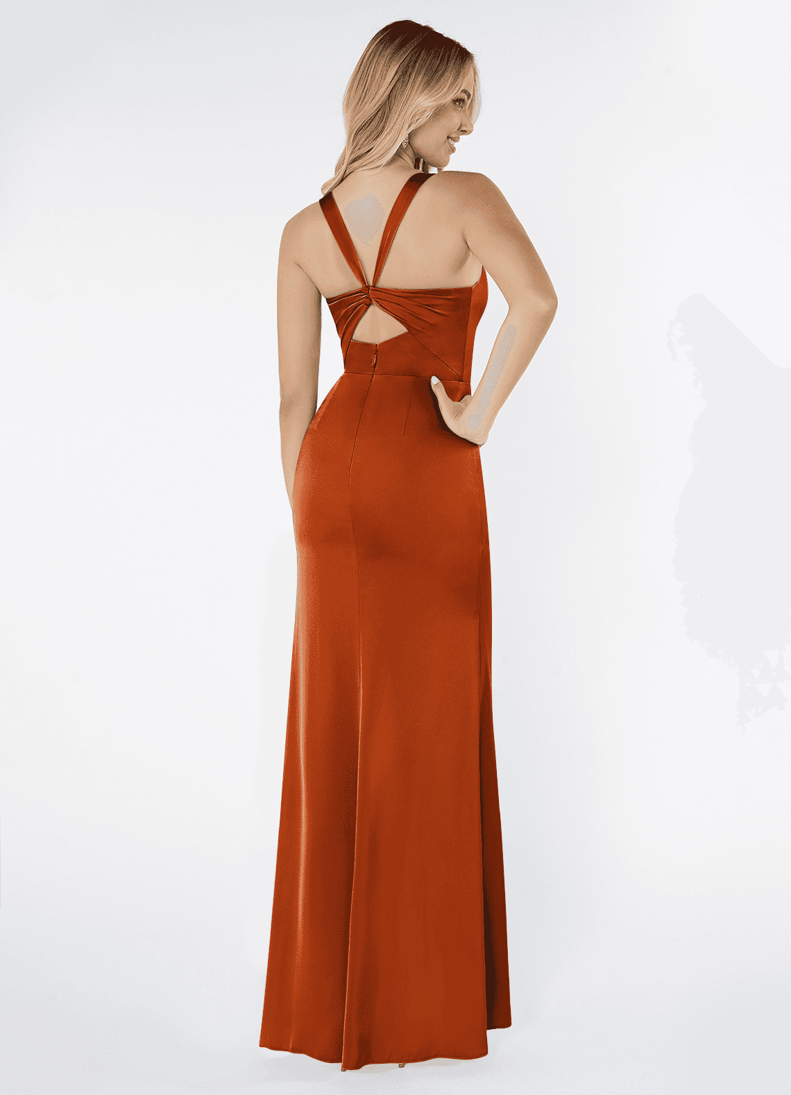 Azazie Mero Bridesmaid Dresses Burnt Orange Mermaid Pleated Stretch Satin Dress image2