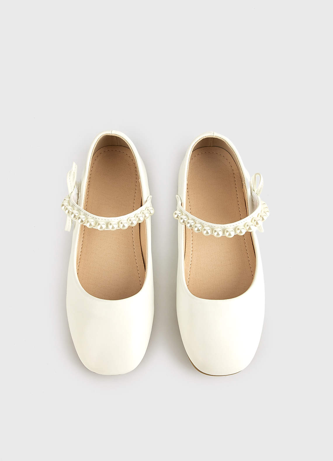 front Pearl Strap and Bow Girls Flat Shoes