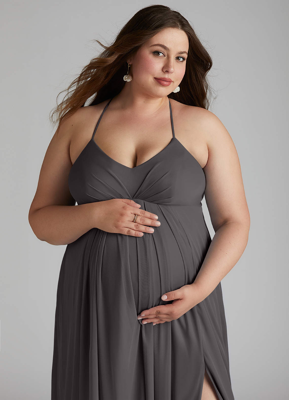 Azazie Annabelle Maternity Bridesmaid Dresses A-Line V-Neck Pleated Mesh Floor-Length Dress image10