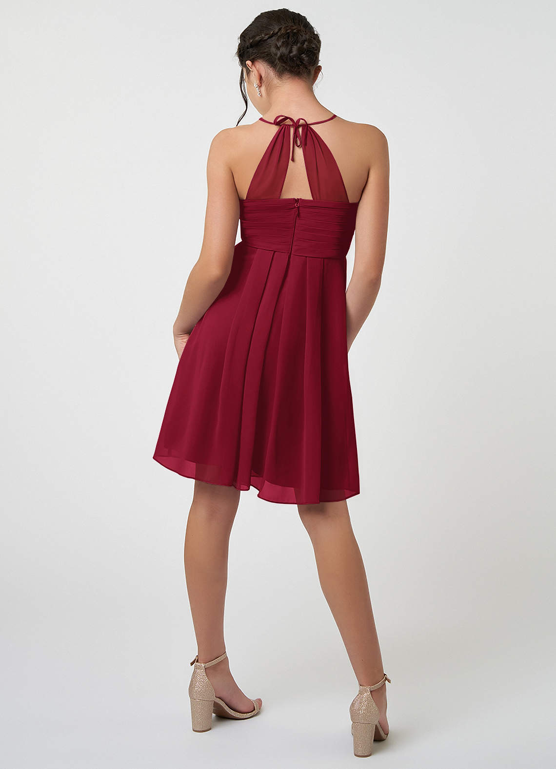 Azazie Ginny Junior Burgundy A-Line Pleated Chiffon Dress image1