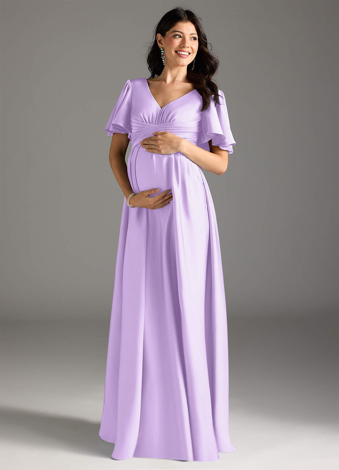 Azazie Verna vestidos de dama de honor de maternidad Vestido de Corte en A Volante Hasta el suelo Satén Elástico image2