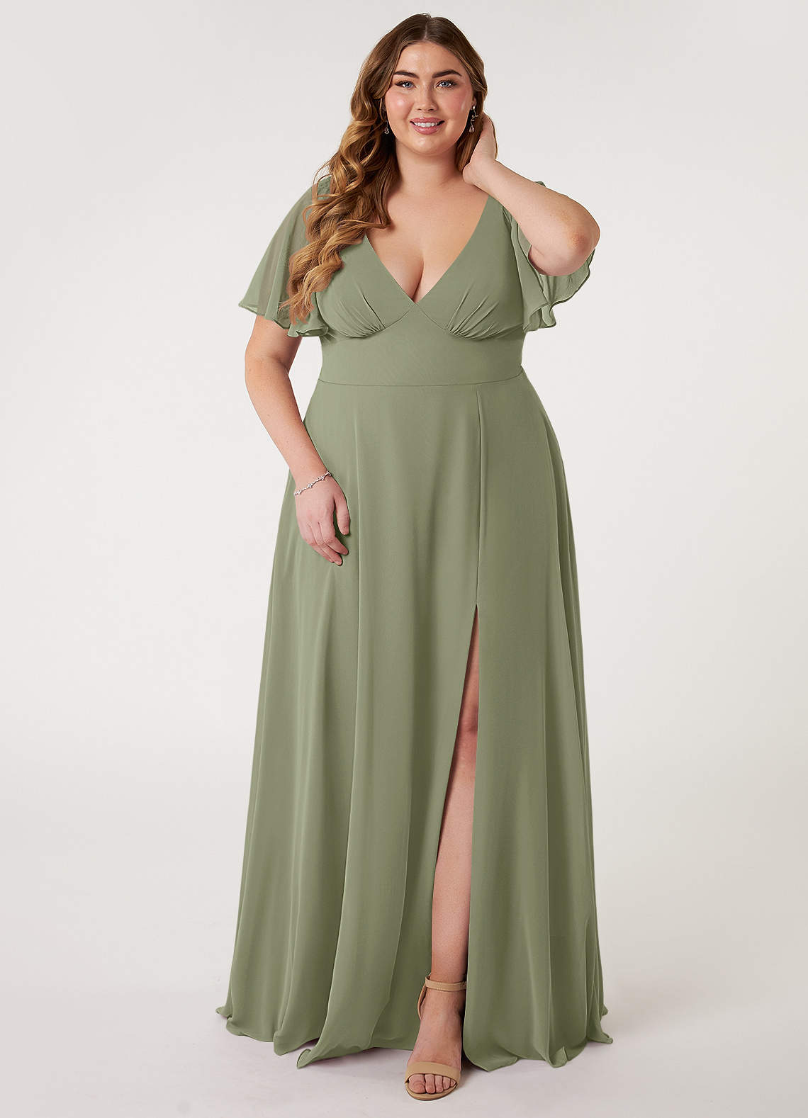 Azazie Kimber Bridesmaid Dresses Pistachio A-Line Flounce Sleeve Chiffon Dress image1