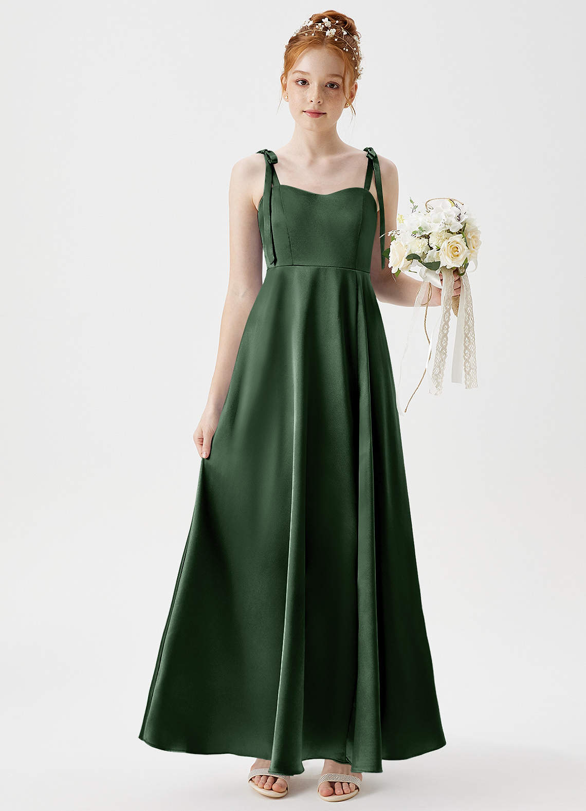 Azazie Rosey Junior A-Linie Herzausschnitt Metallischer Satin Kleid Eukalyptus image1