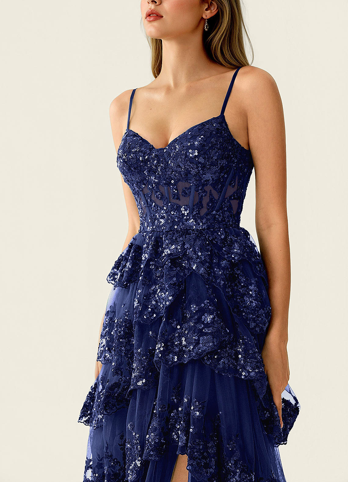 Tindra Dark Navy Sequins Ruffles Prom Dress | Azazie CA