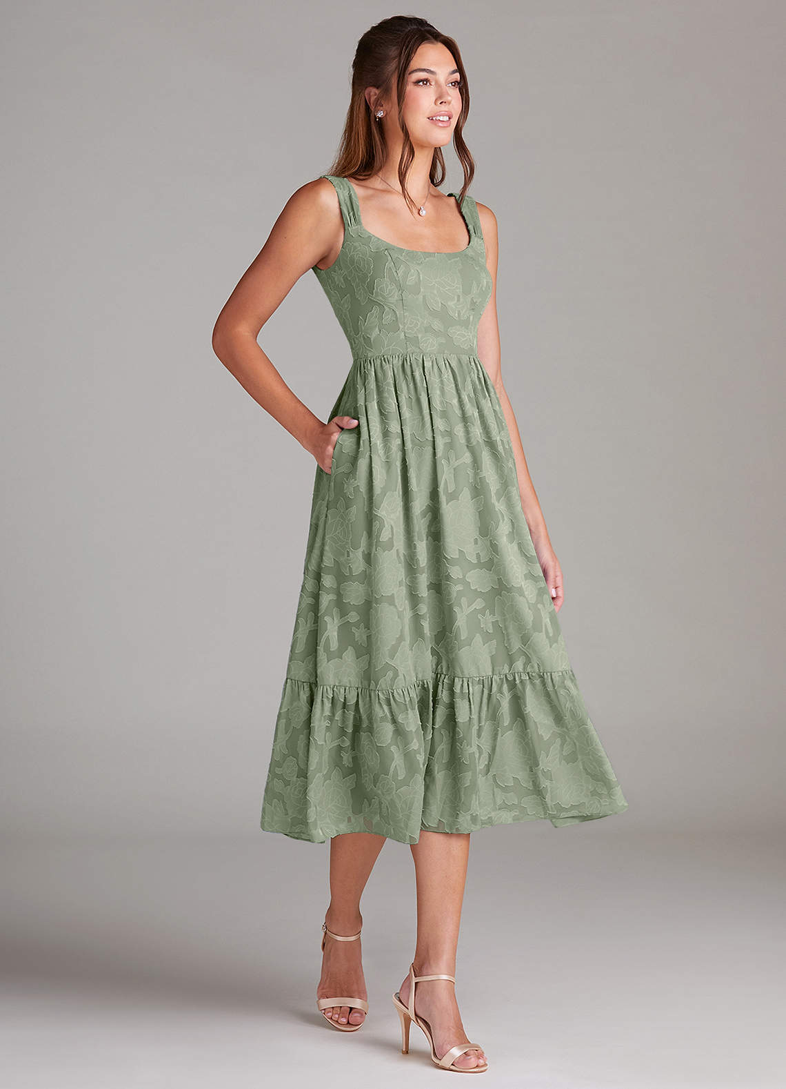 Azazie Alissa Bridesmaid Dresses Agave A-Line with Pockets Floral Burnout Dress image3