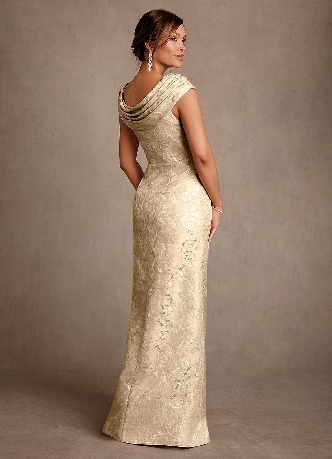 Azazie Irvine Mother of the Bride Dresses Champagne A-Line Pleated Floral Jacquard Dress image1