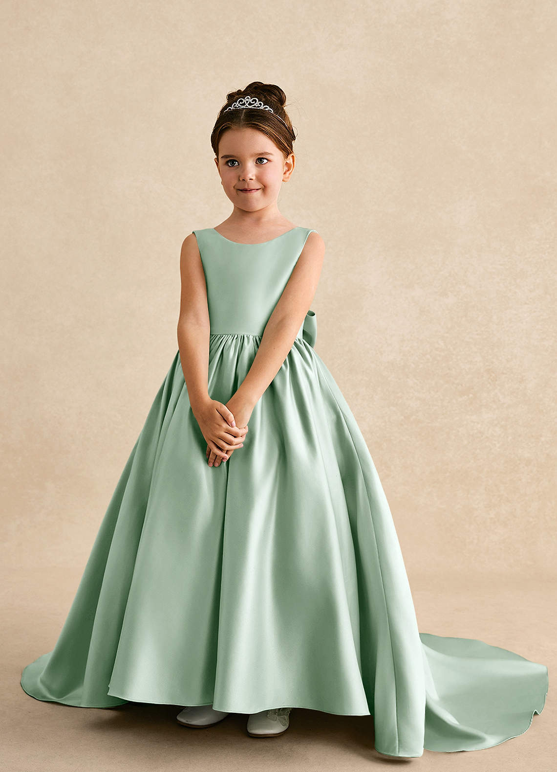 Azazie Mimia Robe Demoiselle D'honneur Fillette Robe Trapèze en Mat Satiné Arc Agave image2