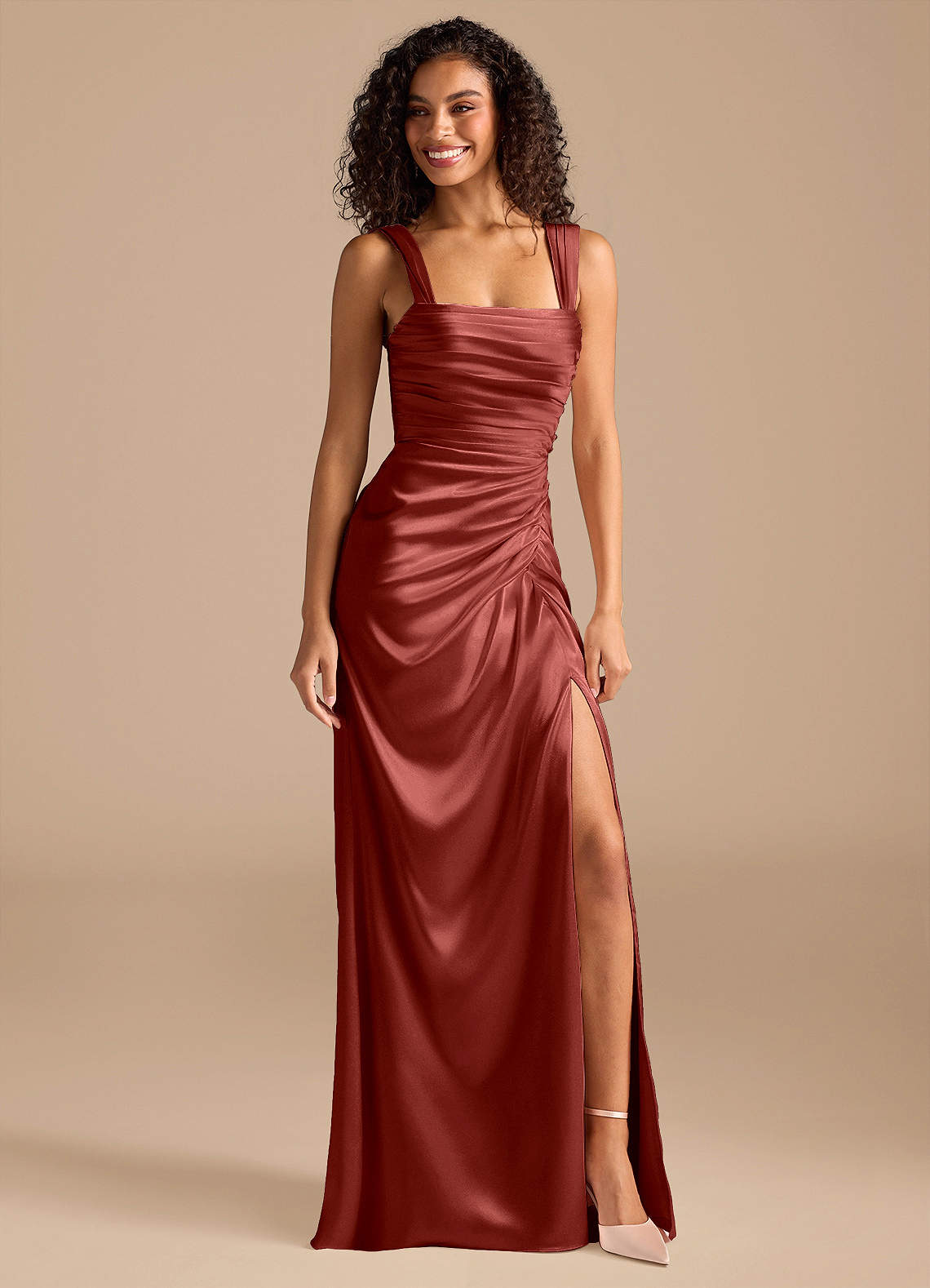 Azazie Jesaphine Terracotta Metallic Satin Bridesmaid Dresses | Azazie