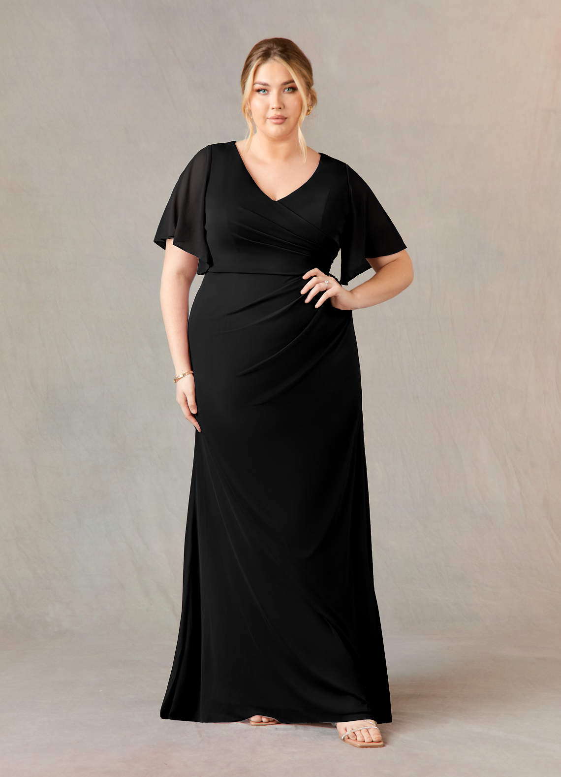 Black Azazie Selah A-Line V-Neck ruched Mesh Floor-Length Dress | Azazie