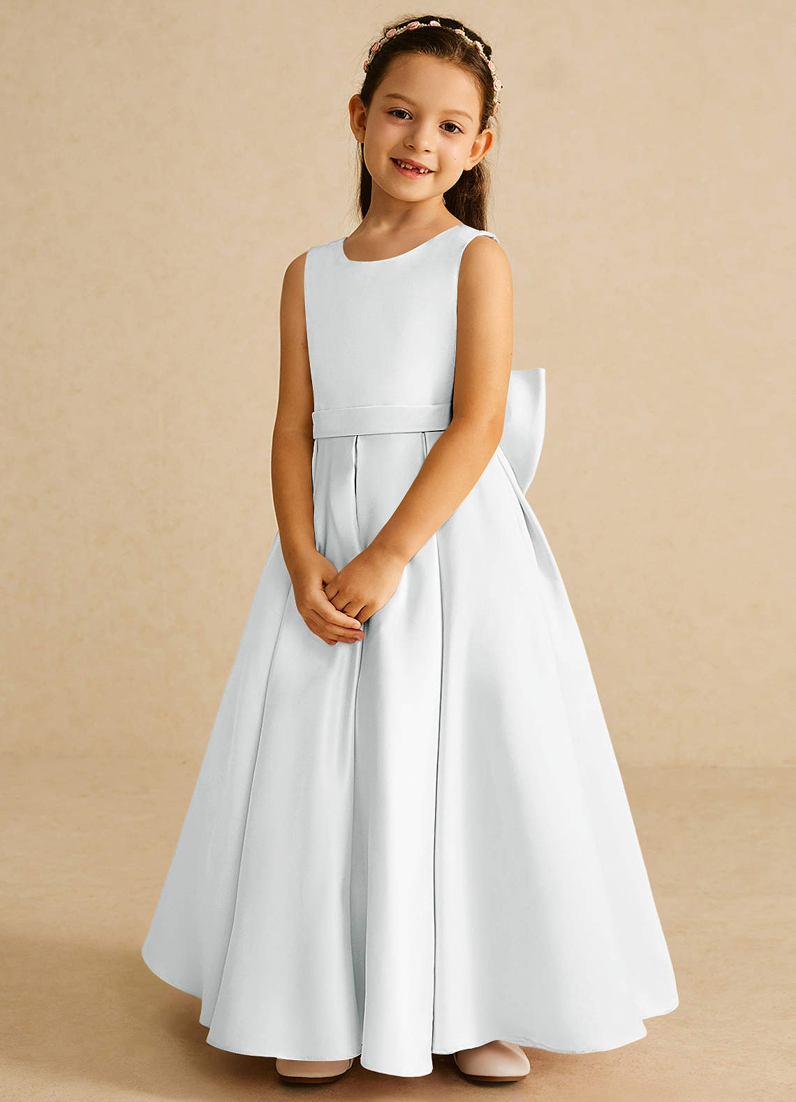 Azazie Pipsy Flower Girl Dresses Diamond White A-Line Bow Matte Satin Dress image3