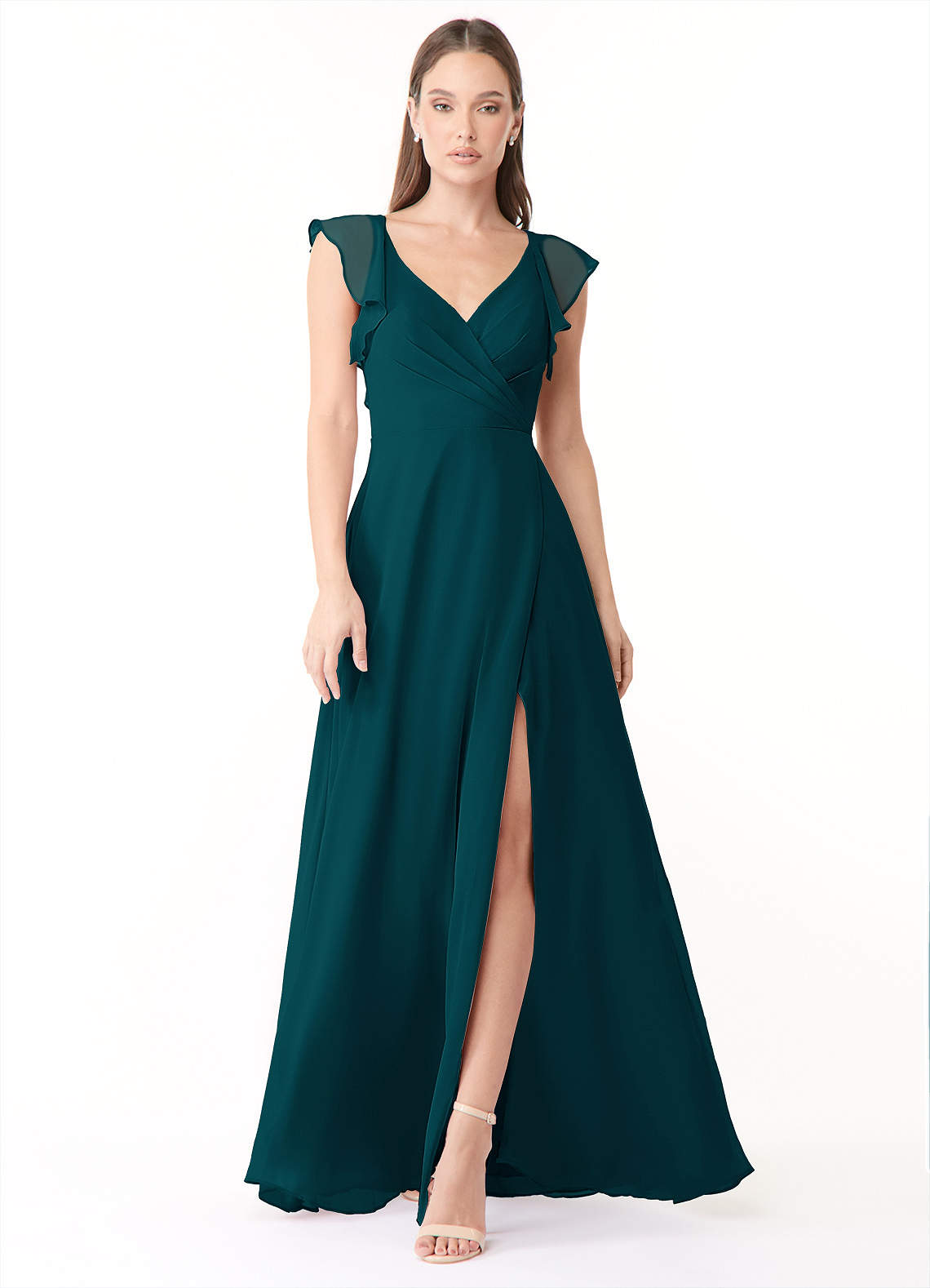 Azazie Yoko Robes de demoiselle d'honneur Robe Trapèze en Mousseline de soie Rayé Vert Pin image1