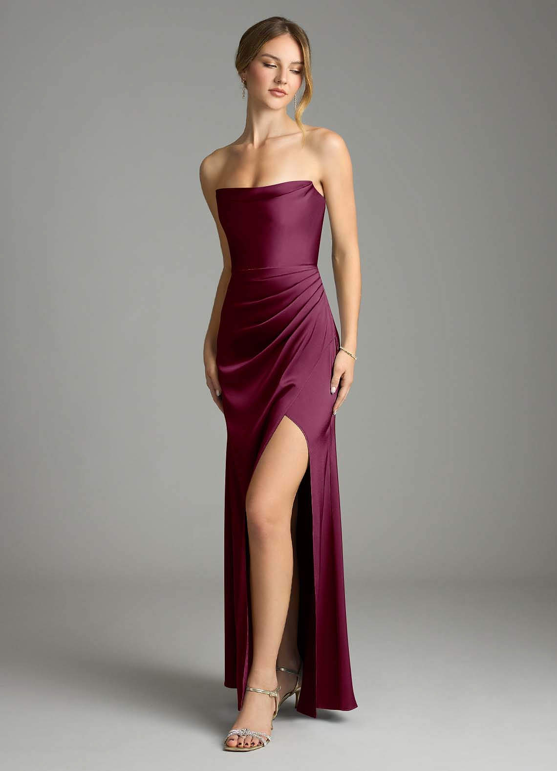 mulberry colored bridesmaid dresses Azazie Leonis neck Lace Up Back