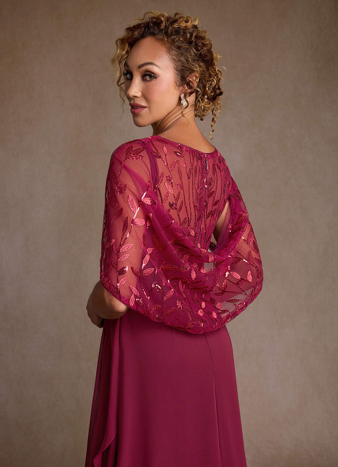 Azazie Beckley At-home Try On Dresses Burgundy A-Line Lace Chiffon Dress image5