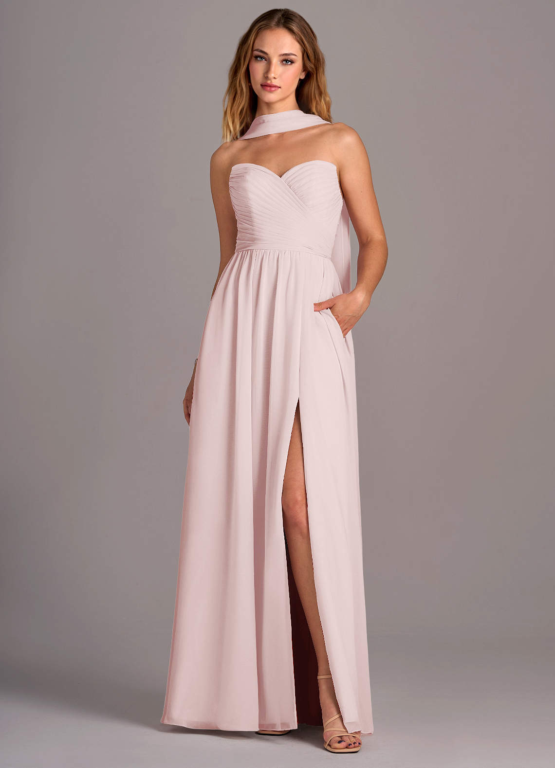 Azazie Joni Bridesmaid Dresses Blushing Pink A-Line Strapless Chiffon Convertible Dress image1