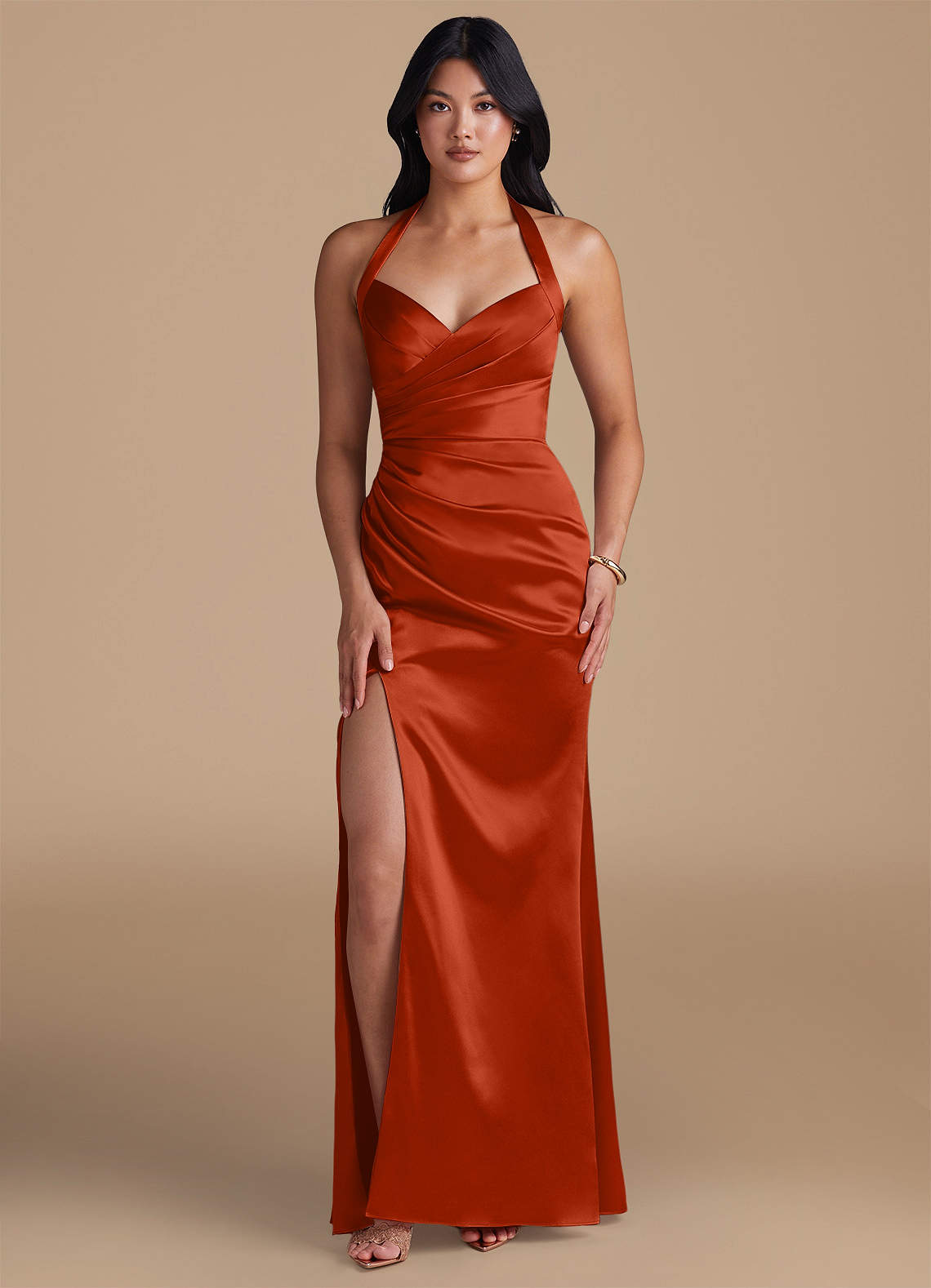Azazie Emeria Bridesmaid Dresses Paprika Sheath Side Slit Metallic Satin Dress image1