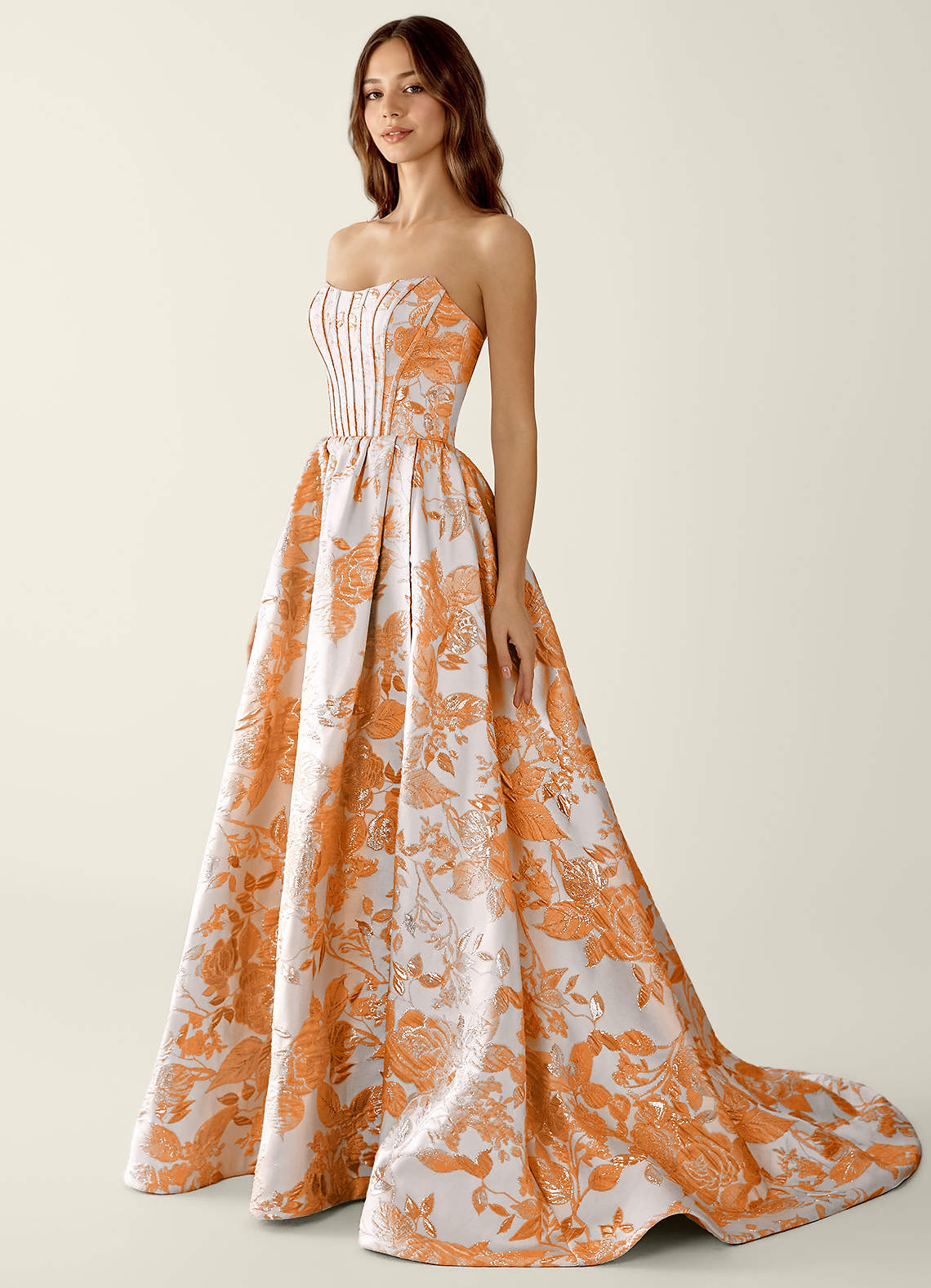 Allegra Orange Floral Jacquard Wrap A-line Prom Dress | Azazie CA