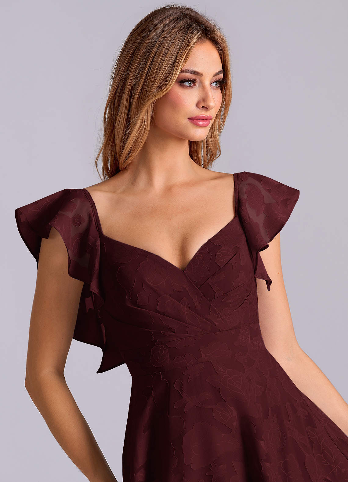 Azazie Leilani At-home Try On Dresses Black A-Line Sweetheart Neckline Floral Burnout Dress image6