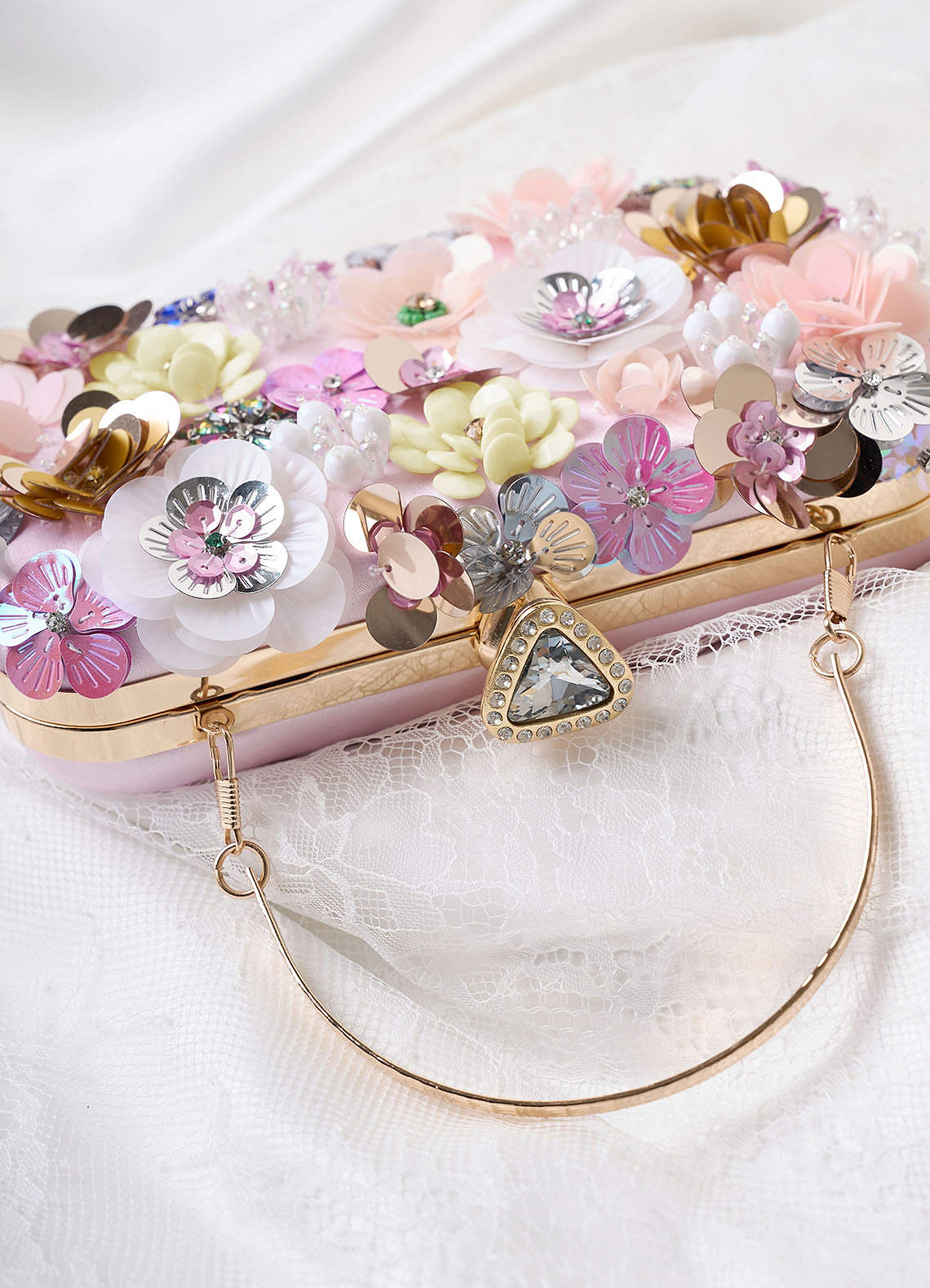 front Sequin Flower Embellished Clutch
