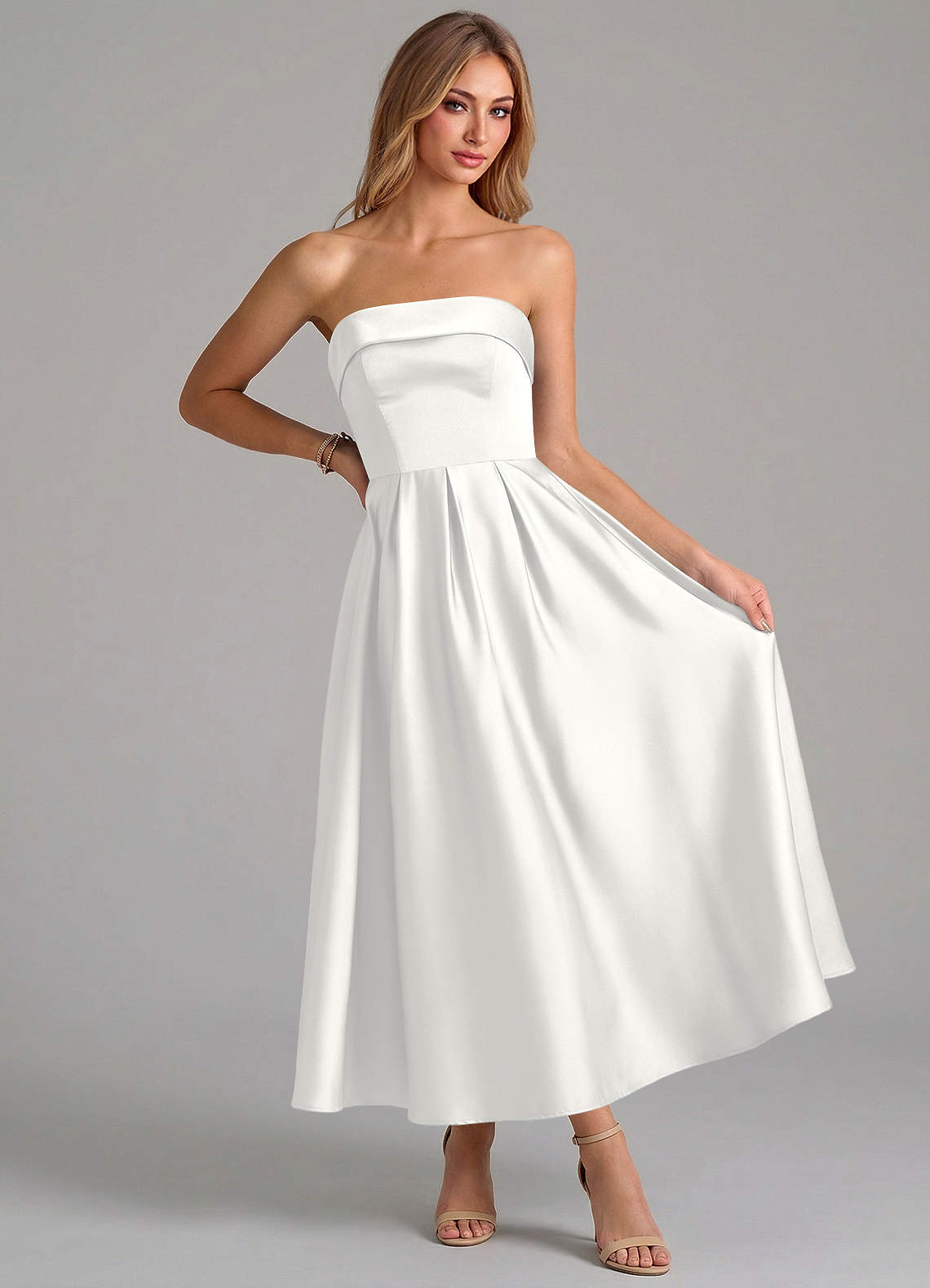 Azazie Lucienne Bridesmaid Dresses White A-Line Pleated Stretch Satin Dress image4