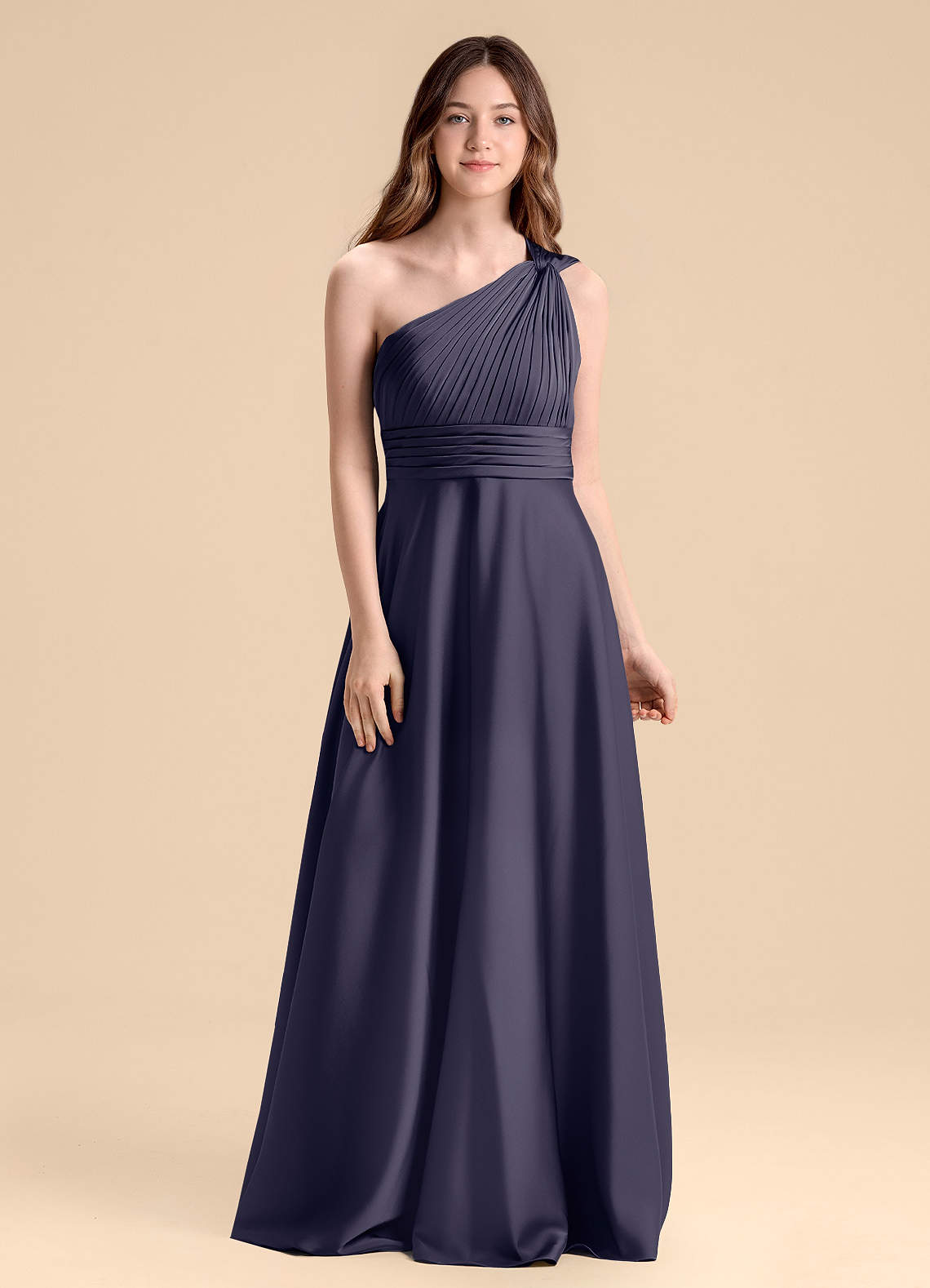 Azazie Charlize Junior Stormy A-Line Pleated Stretch Satin Dress image1