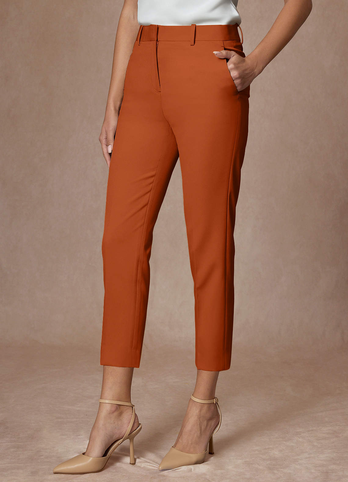 front Whitney Burnt Orange Refined Weave Performance  Cropped Dress Pants