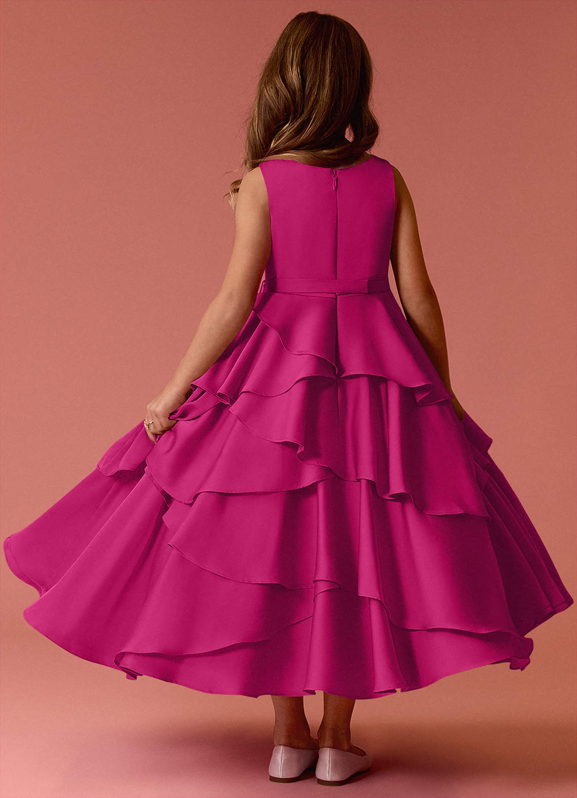 Barbie ♥ Azazie Flower Girl Dresses Scoop Floral Belt Tier Stretch Satin A-Line Dress image1
