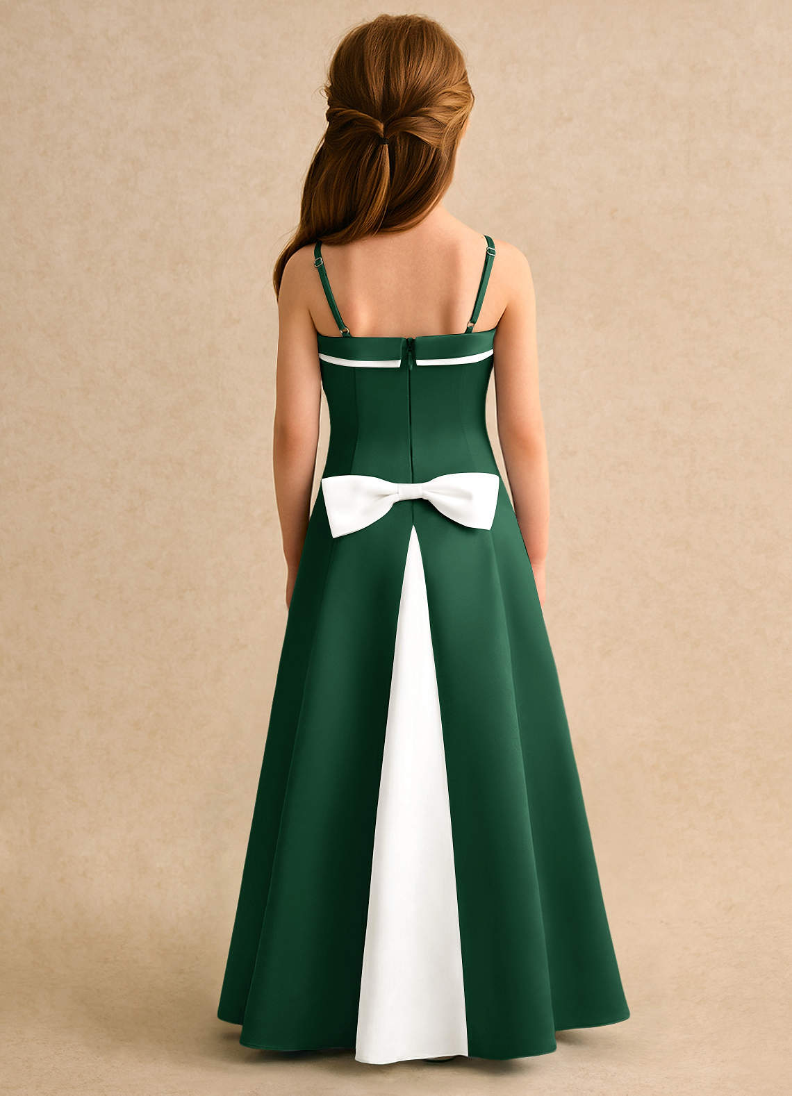 Azazie Izel Girls Formal Ivory Dark Green A-Line Pleated Matte Satin Dress  | Azazie UK