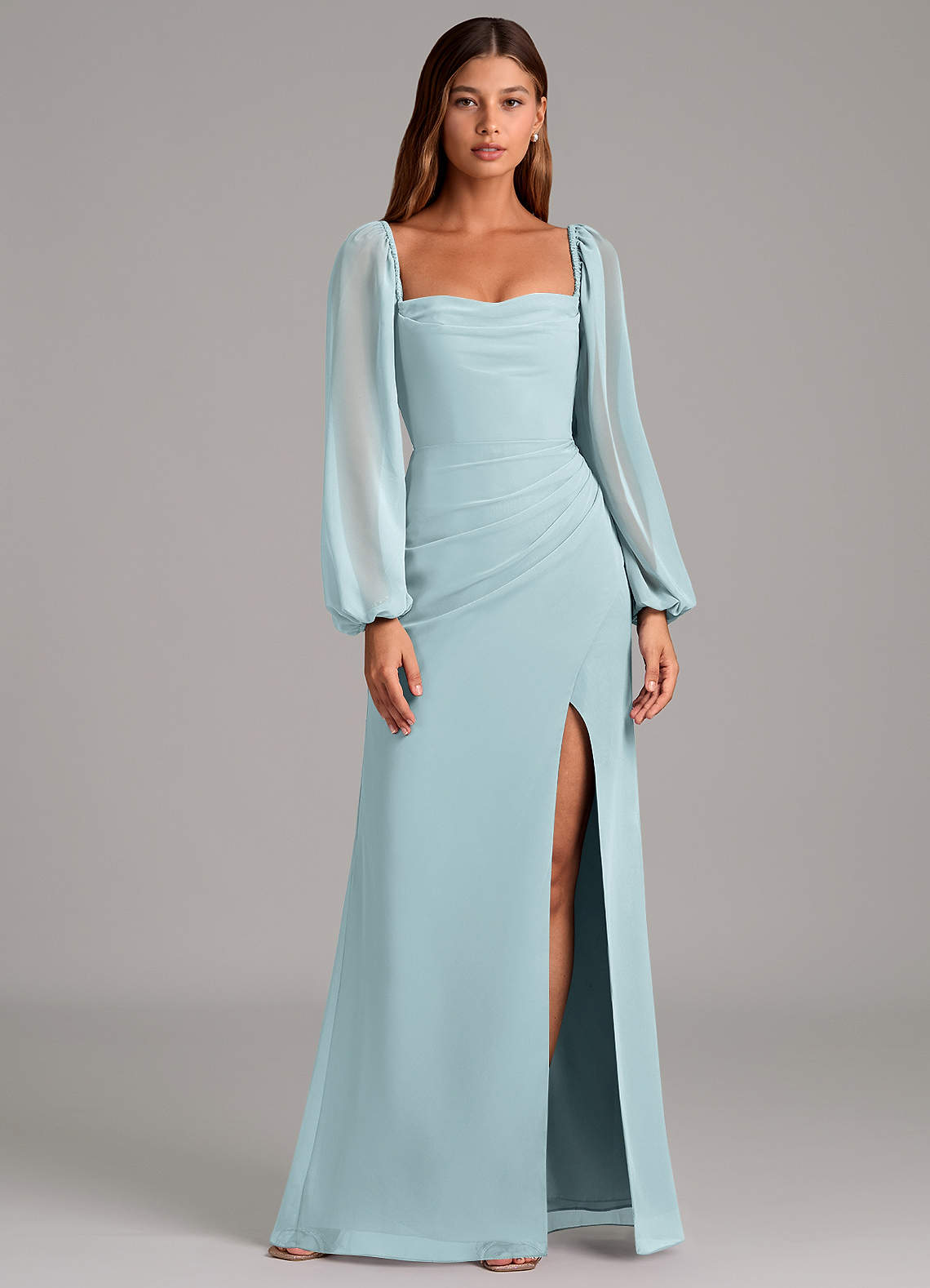 Azazie Brixley 신부 들러리 드레스 인어 긴팔 쉬폰 바닥 길이 드레스 image1