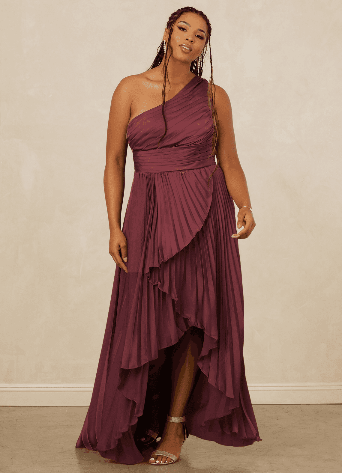 Christian Siriano Bridal for Azazie 1008 Bridesmaid Dresses Merlot A-Line One Shoulder Stretch Satin Dress image1