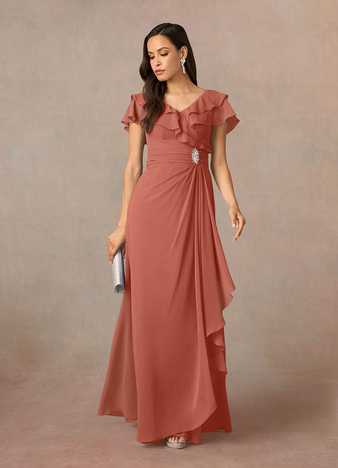 Azazie Snapdragon Mother of the Bride Dresses Clay A-Line V-Neck Ruched Chiffon Dress image1