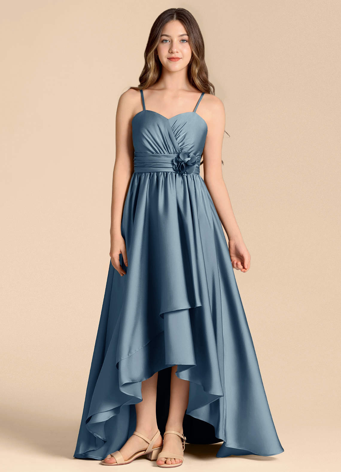 Azazie Catalina Junior Jurk van Stretch Satijn met A-Lijn Sweetheart Halslijn Stoffig Blauw image1