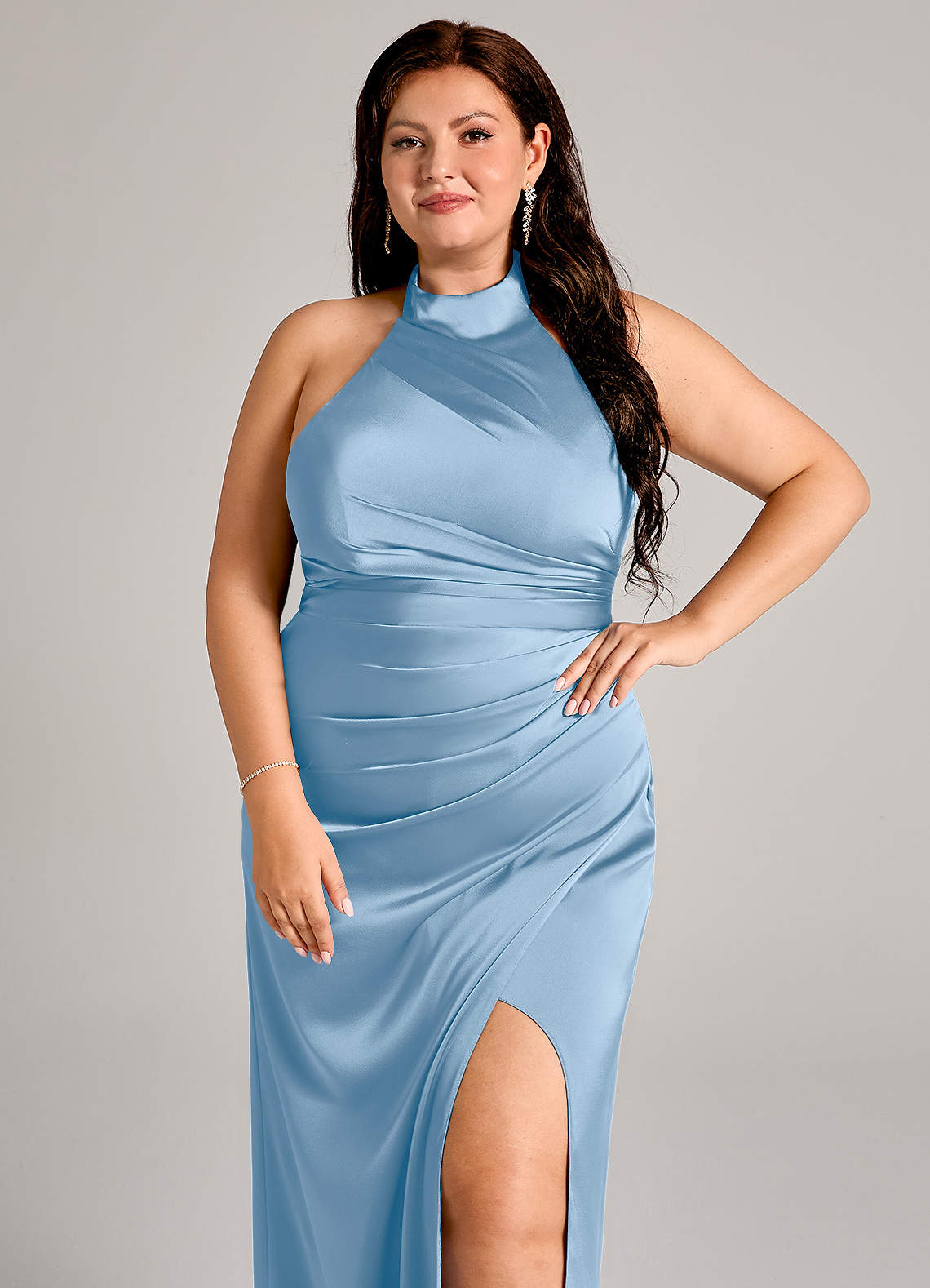 Azazie Jemma At-home Try On Dresses Amethyst Sheath Pleated Stretch Satin Dress image7