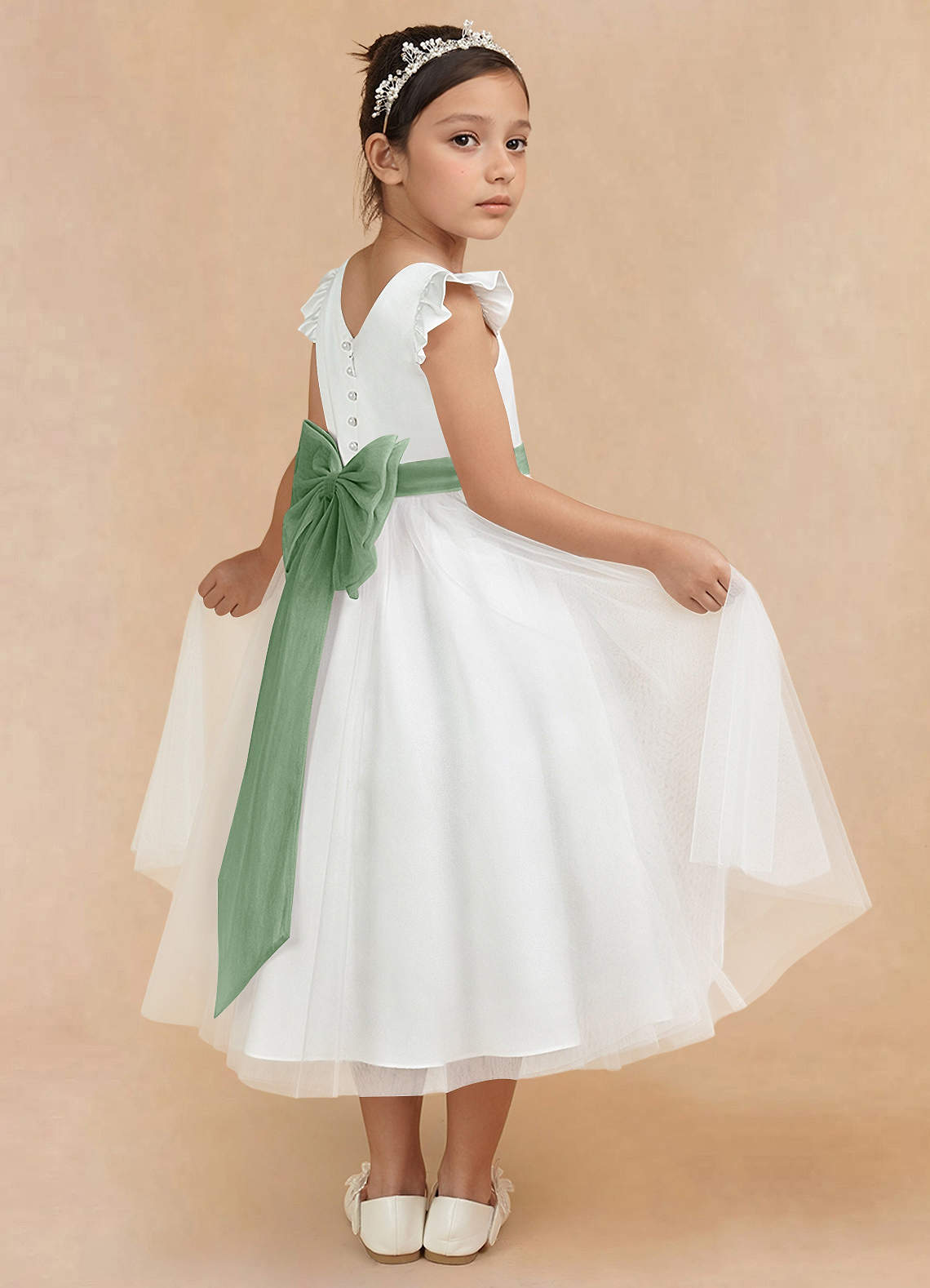 Azazie Hemi Robe Demoiselle D'honneur Fillette Robe Trapèze en Tulle Arc Ivoire Matcha image1
