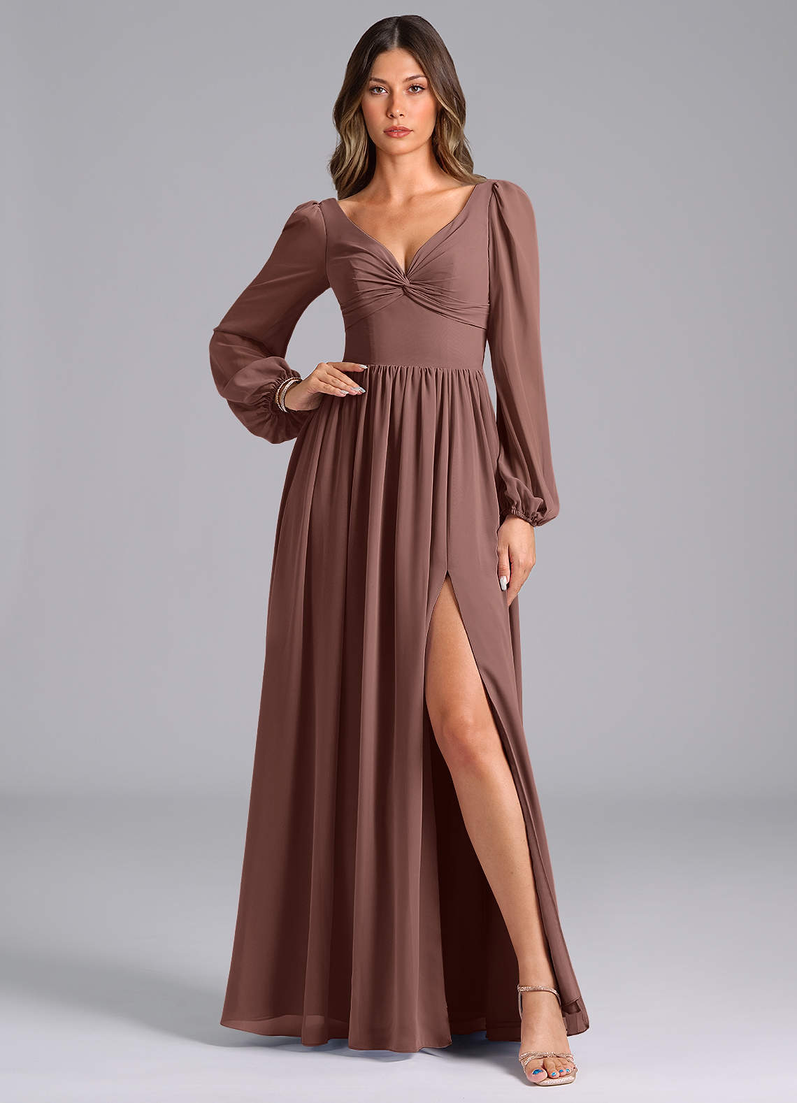 Azazie A-Line V-Neck Long Sleeve Floor-Length Chiffon Bridesmaid Dresses - Espresso