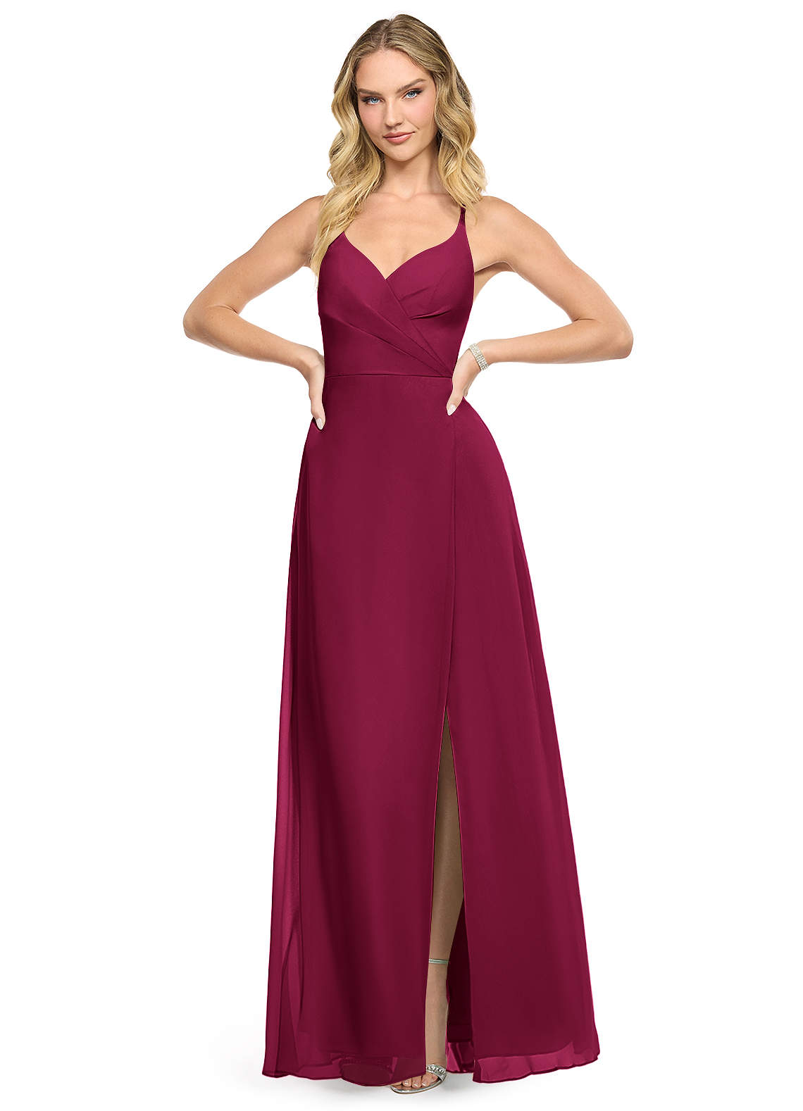 azazie burgundy bridesmaid dresses A-Line V-Neck Floor-Length Chiffon x-launchdate:July 23_Drop 2 H&M Conscious Collection Black Color:Capri Blue Available in Plus Size